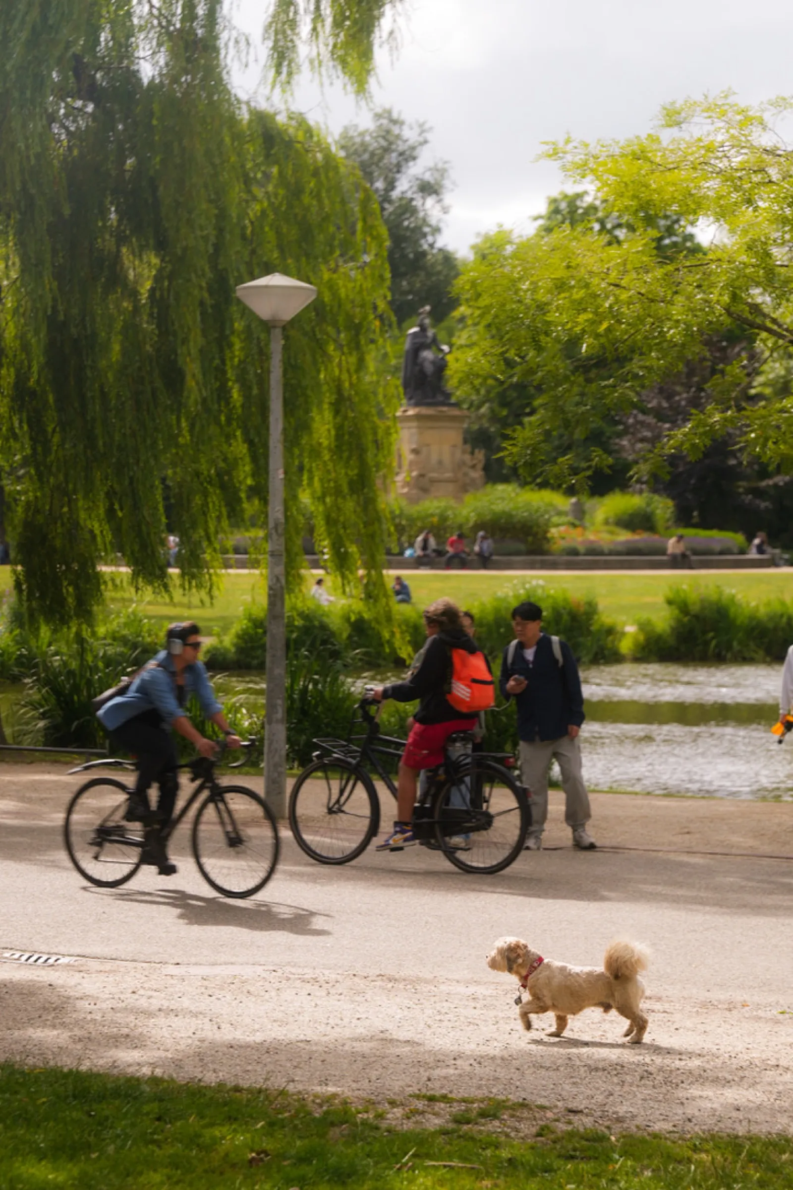 Cyclists with dog relaxing by tree-lined waterside path