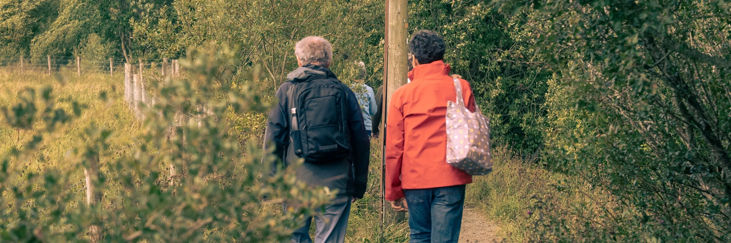 Two people walking on a countryside path through greenery